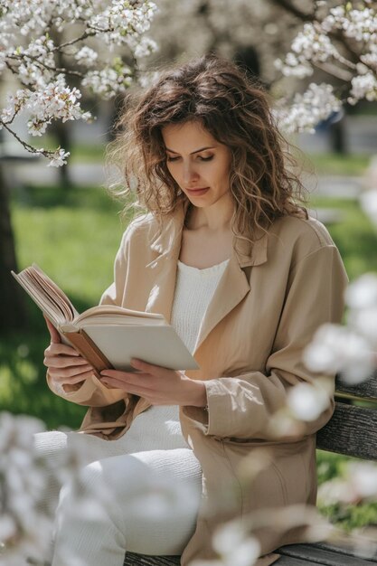 A woman sitting on a bench outdoors reading a book with blooming nature around her