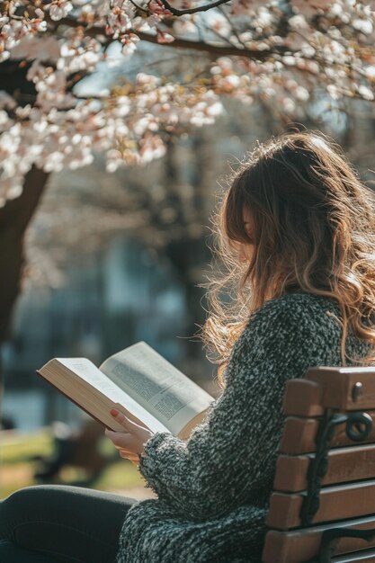 A woman sitting on a bench outdoors reading a book with blooming nature around her