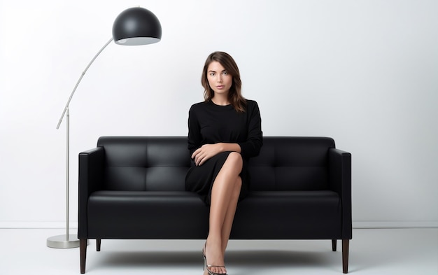 Woman Sitting on Black Couch Next to Lamp