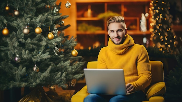 Woman sitting by christmas tree and shopping online sales