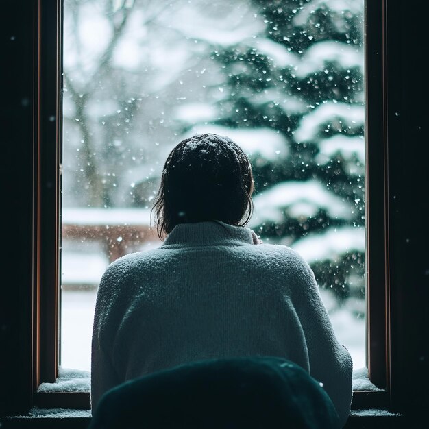 Woman sitting by the window watching the snowfall