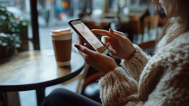 Photo woman sitting in a cafe using a phone with a cup of coffee beside her