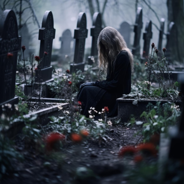 a woman sitting in a cemetery with tombstones in the background