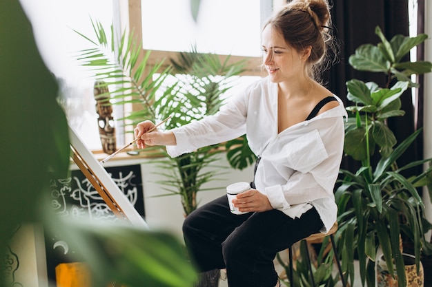 Woman sitting on chair in front of easel and painting