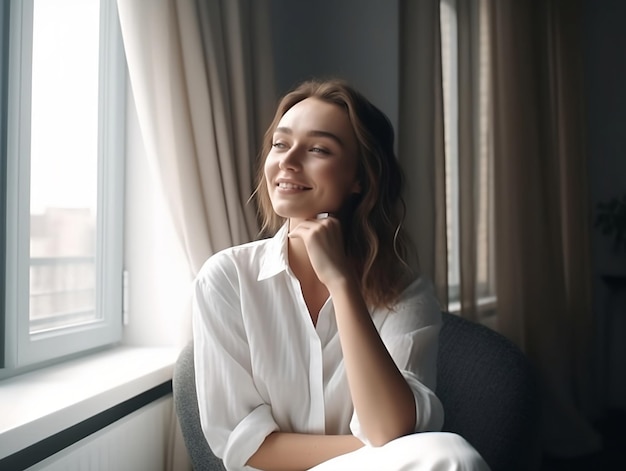 A woman sitting in a chair in front of a window