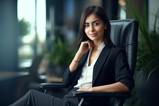 A woman sitting in a chair in a office