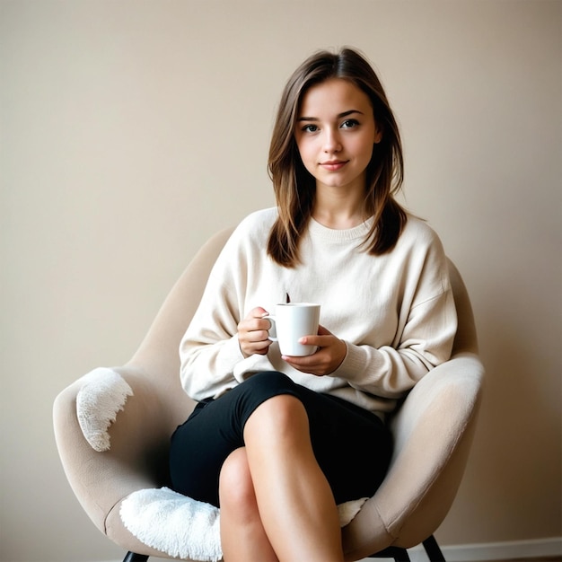 a woman sitting in a chair with a cup of coffee