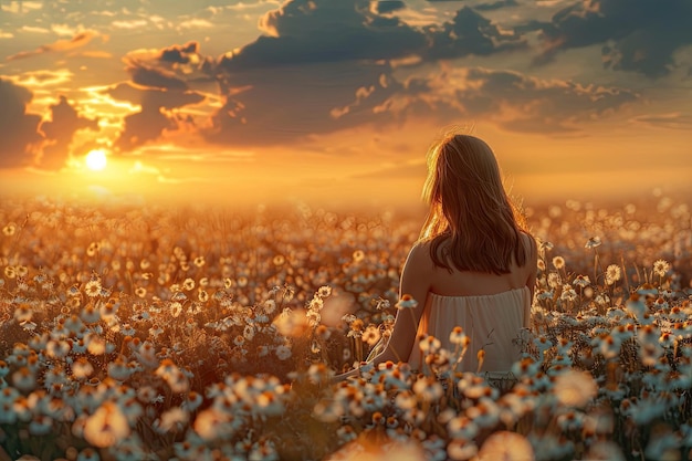 Woman Sitting in Chamomiles Field Looking at Cloudy Sky at Sunset