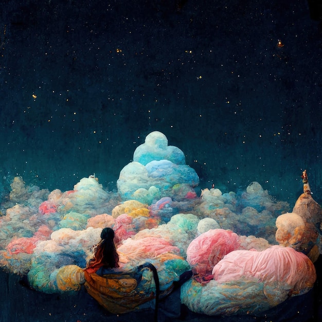 Photo a woman sitting on a cloud captured beautifully