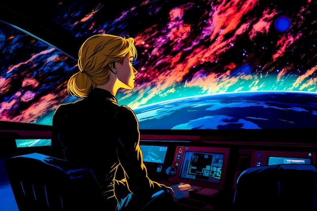 Woman sitting in the cockpit of plane looking out at the earth Generative AI