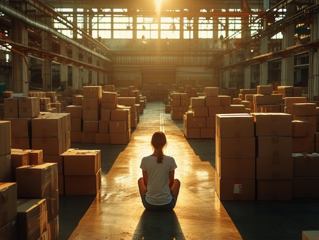 A woman sitting on a conveyor belt surrounded by stacks of cardboard boxes in a warehouse