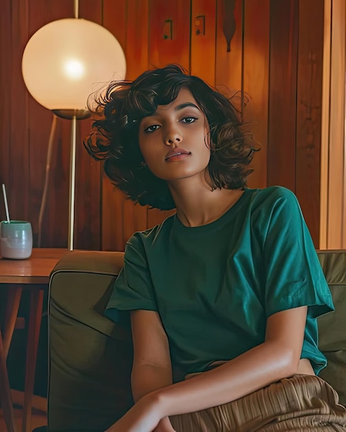 Photo a woman sitting on a couch captured beautifully