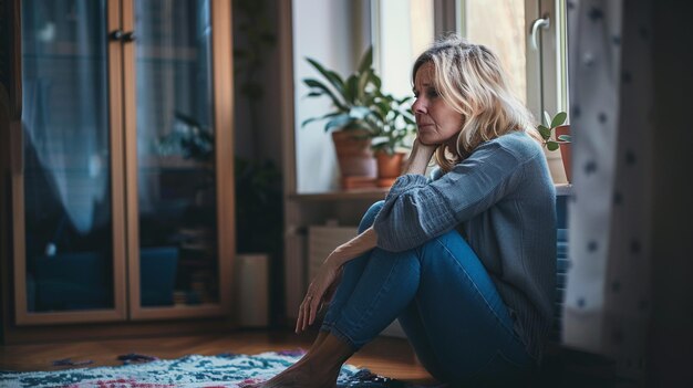 Photo woman sitting on the couch and feeling lonely depression