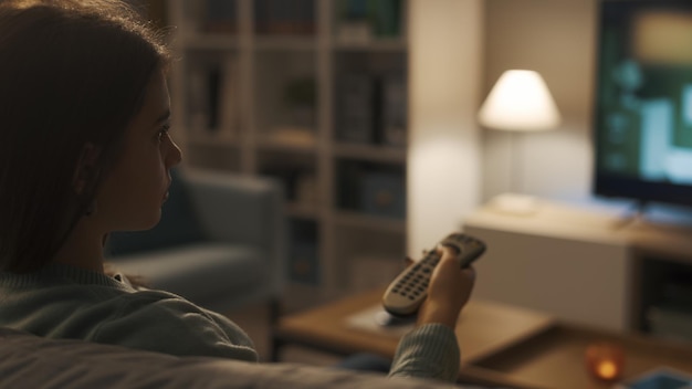 Woman sitting on the couch in the living room and watching TV she is holding the remote control