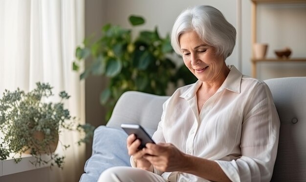 A woman sitting on a couch looking at a cell phone