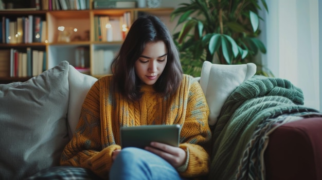 Woman Sitting on Couch Looking at Tablet