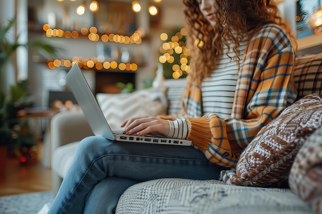 Photo woman sitting on couch using laptop