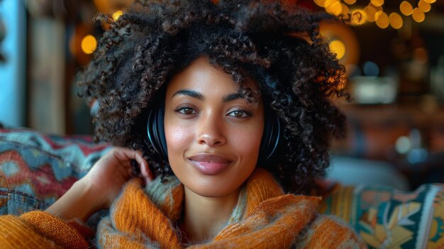 Woman Sitting on Couch Wearing Headphones