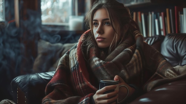 A woman sitting on a couch with a blanket and a cup of coffee