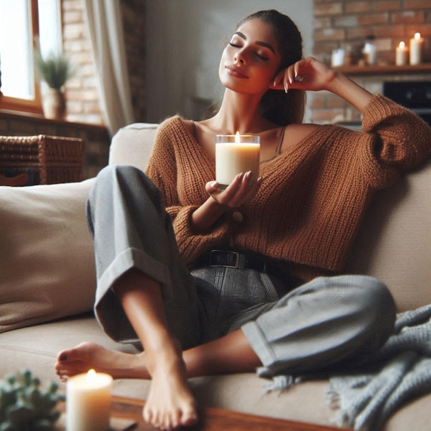 Photo a woman sitting on a couch with a candle in her hand