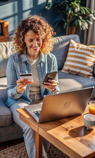 Photo a woman sitting on a couch with a laptop and a cell phone in front of her