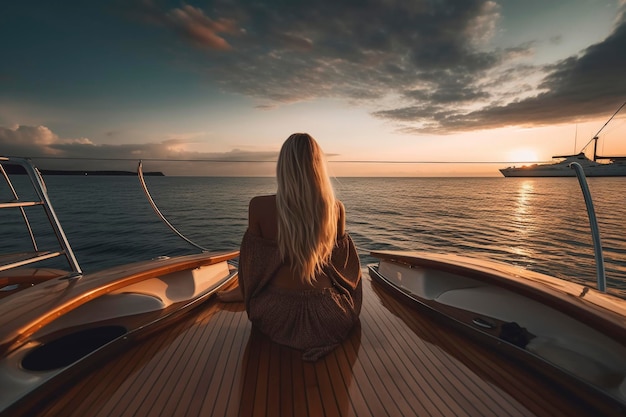 Woman sitting on the deck of a luxury yacht looking at the ocean during sunset