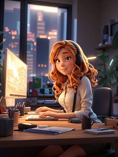 a woman sitting at a desk in front of a computer by senior environment artist