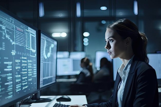 A woman sitting at a desk looking at a computer