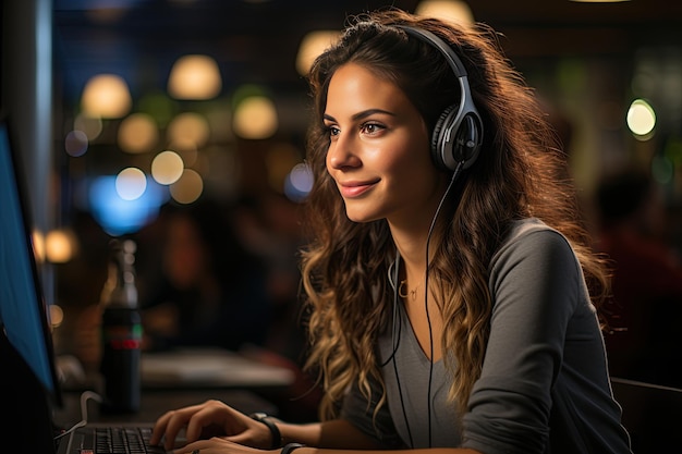 woman sitting at a desk talking on a cell phone high quality fantasy Generated with AIpicture working in a call center