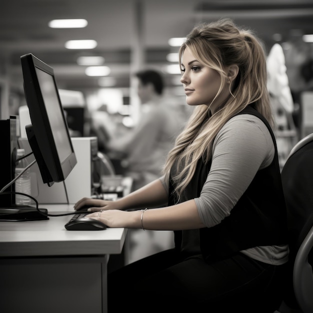 a woman sitting at a desk using a computer