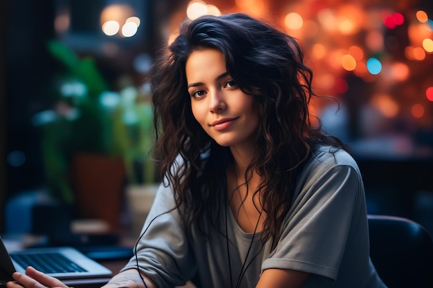 Woman sitting at desk with laptop computer in front of her Generative AI