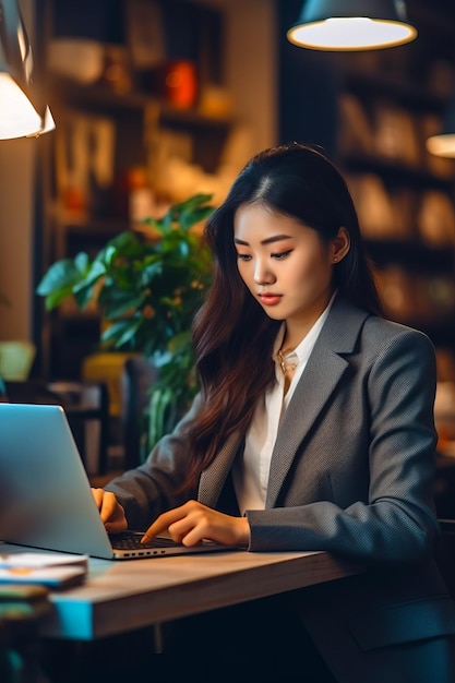 Woman sitting at desk with laptop in front of her and potted plant in the background Generative AI