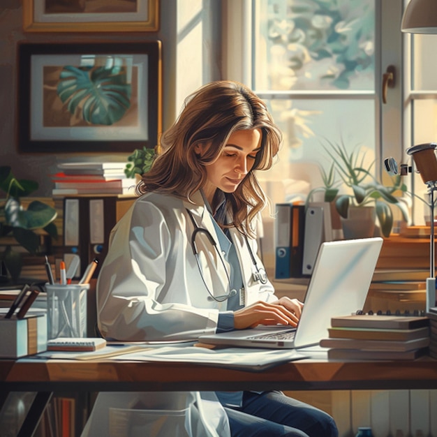 a woman sitting at a desk with a laptop and a plant in the background