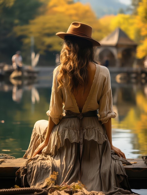 a woman sitting on a dock