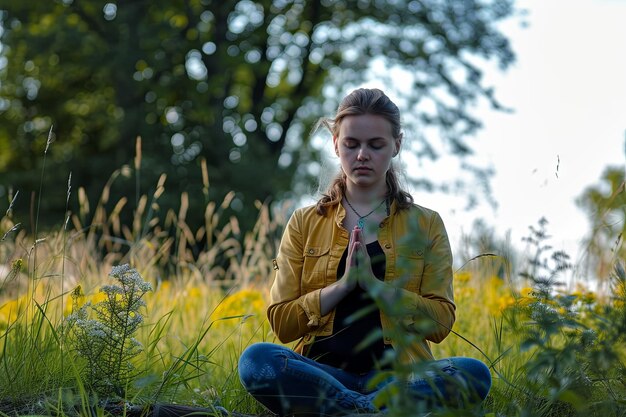 Woman Sitting in Field of Tall Grass