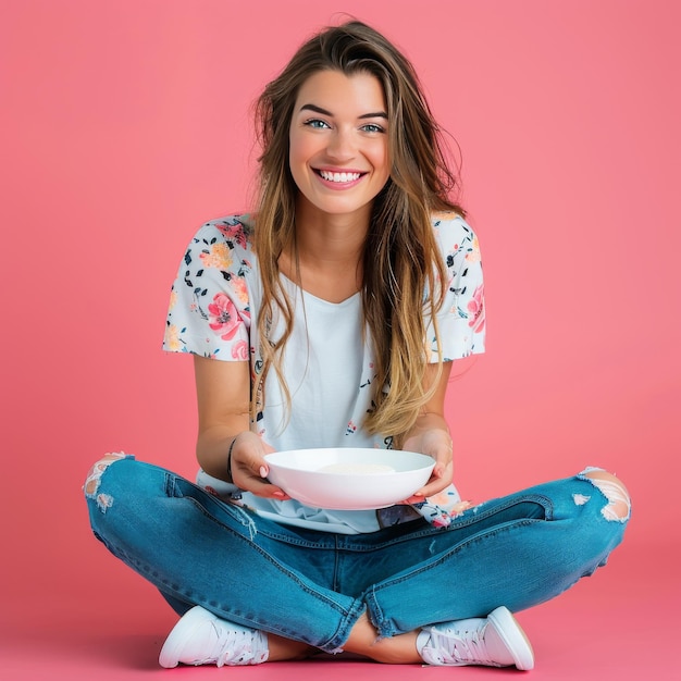 A woman sitting on the floor enjoying a plate of food in quiet contemplation