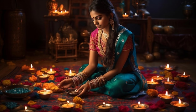 A woman sitting on the floor in front of a lamp with the words diwali on it.