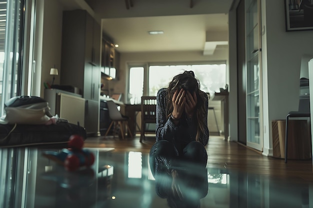 Photo woman sitting on floor in living room with head in hands