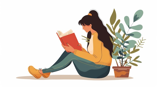 a woman sitting on the floor reading a book next to a potted plant generative ai