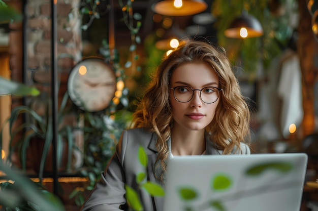 A woman sitting in front of a laptop computer