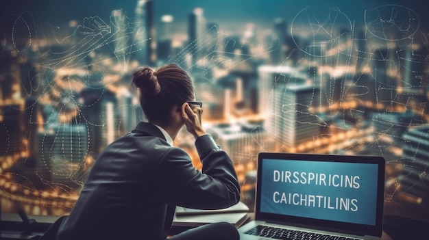 Woman sitting in front of a laptop that says distrivolucimala.