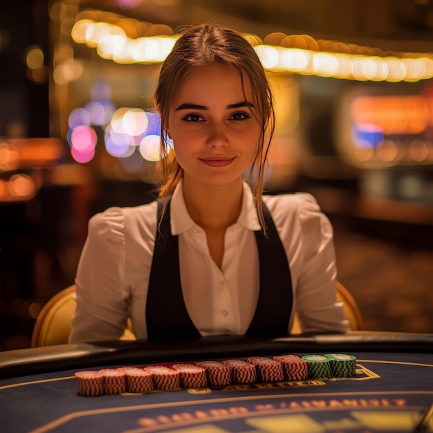 a woman sitting in front of a poker table with the word casino on it