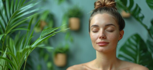 Woman sitting in front of potted plant