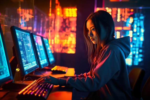 A woman sitting in front of two computer monitors Generative AI image