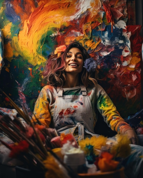 A woman sitting in front of a vibrant painting admiring its colors and brushstrokes