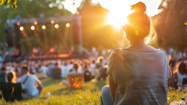 Photo woman sitting on grass at outdoor concert during sunset