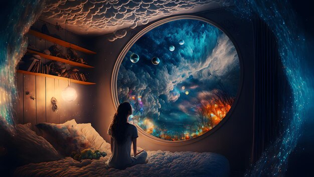 Woman sitting on her bed at night and looking into the portal to dream world on the wall neural