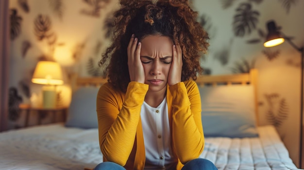 woman sitting on her bed with a headache