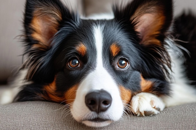 Woman sitting at home on sofa with her dog