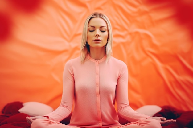 Woman sitting in lotus position with her eyes closed and eyes closed Generative AI